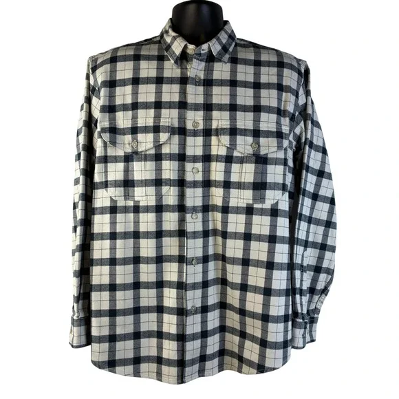 Filson Alaskan Guide Sz Medium Buffalo Check Flannel Shirt Cream Black Cotton